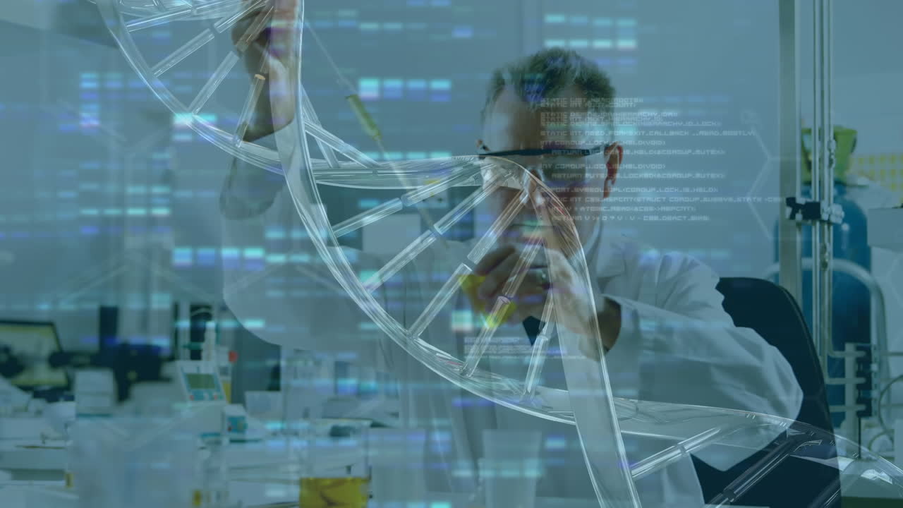 la estructura del adn gira en contra del científico masculino que trabaja en el laboratorio.