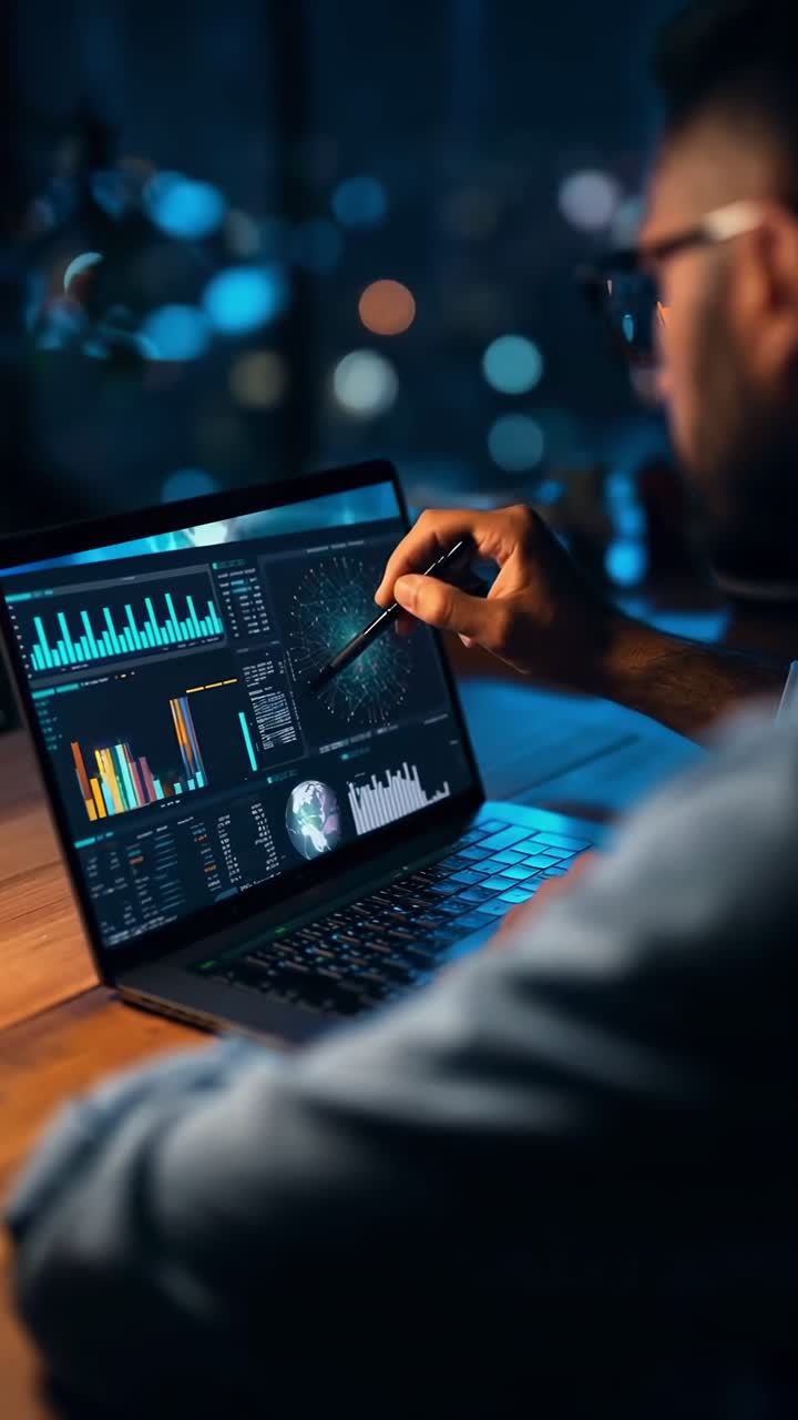 En nærbildevideo av en person som analyserer data på en bærbar datamaskin om natten, filmet fra en sidevinkel.