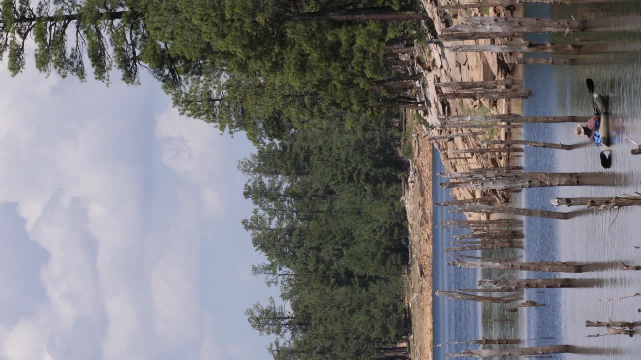 un disparo vertical de un hombre sentado en su kayak entre árboles inundados