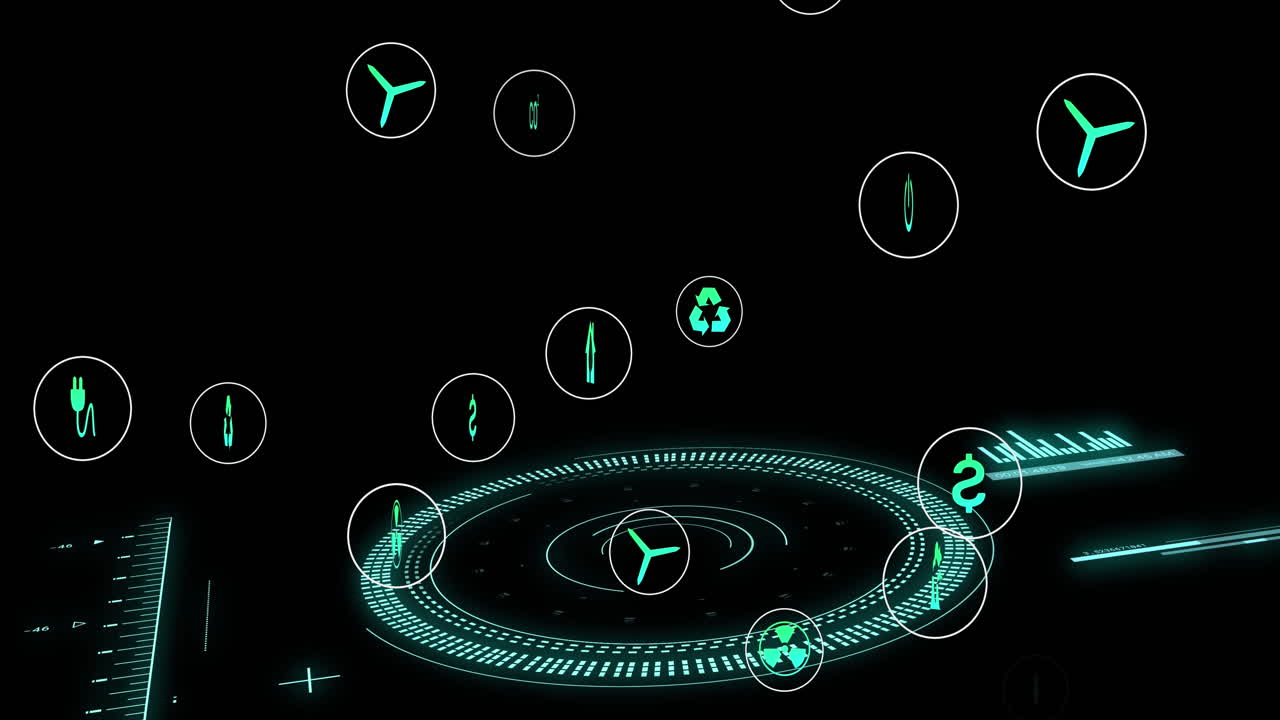 Animation of data processing and ecology icons over scope scanning on black background