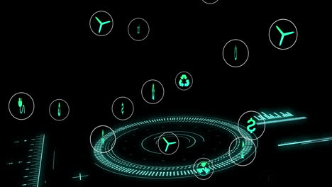 animation of data processing and ecology icons over scope scanning on black background