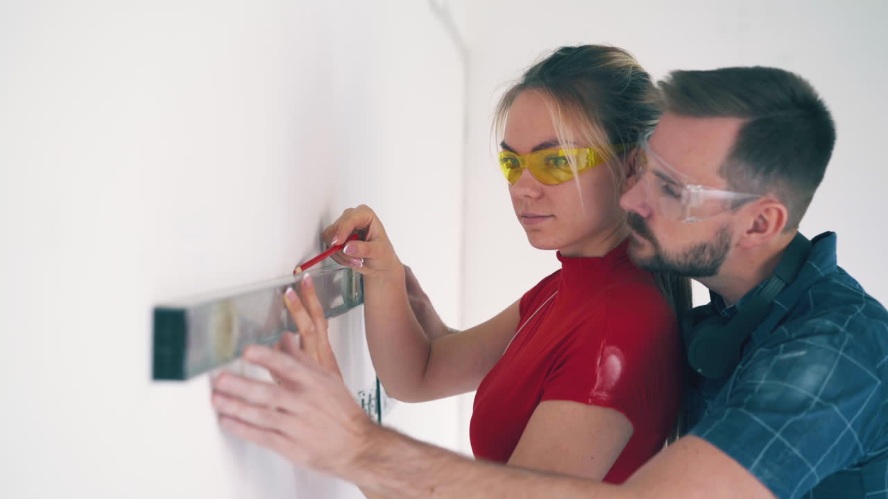 mujer con novio comprueba el nivel de la pared en un primer plano de la habitación de luz