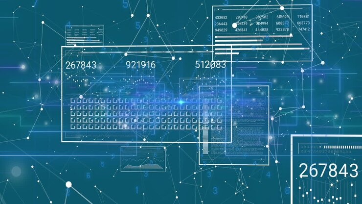 Animation of network of connections and interfaces with data processing against blue background
