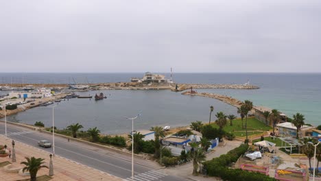 port or marina with yachts and boats in monastir city, tunisia, aerial view