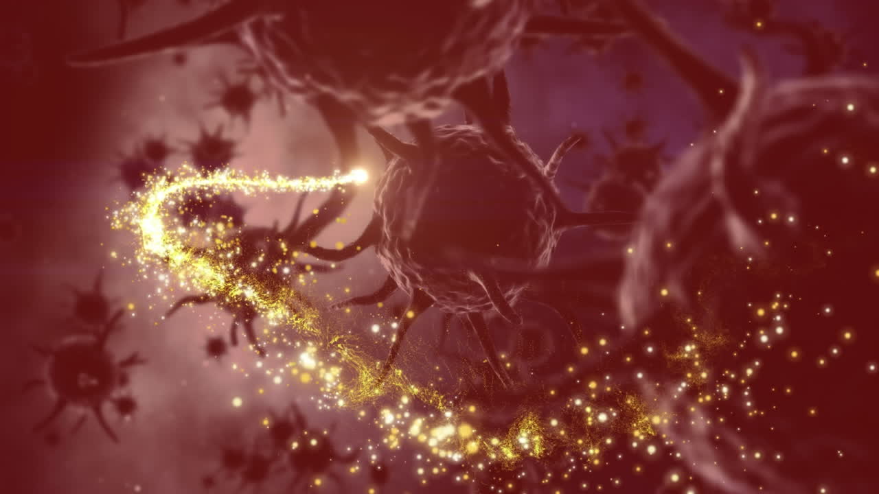 날아다니는 별이 회전하고 거시적인 코로나 19 세포의 애니메이션