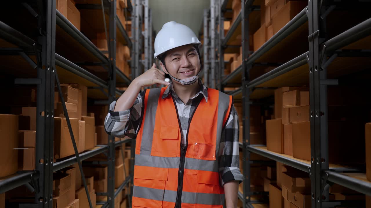 ingeniero masculino asiático con casco de seguridad de pie en el almacén con estantes llenos de bienes de entrega. sonriendo a la cámara y haciendo llamarme gesto en el almacenamiento