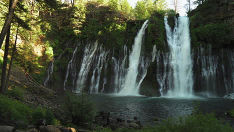 Burney-Falls-Landschaftsansicht,-üppiger-Waldwasserfall-In-Kalifornien,-Wenn-Wasser-Eine-Klippe-Hinunterfällt