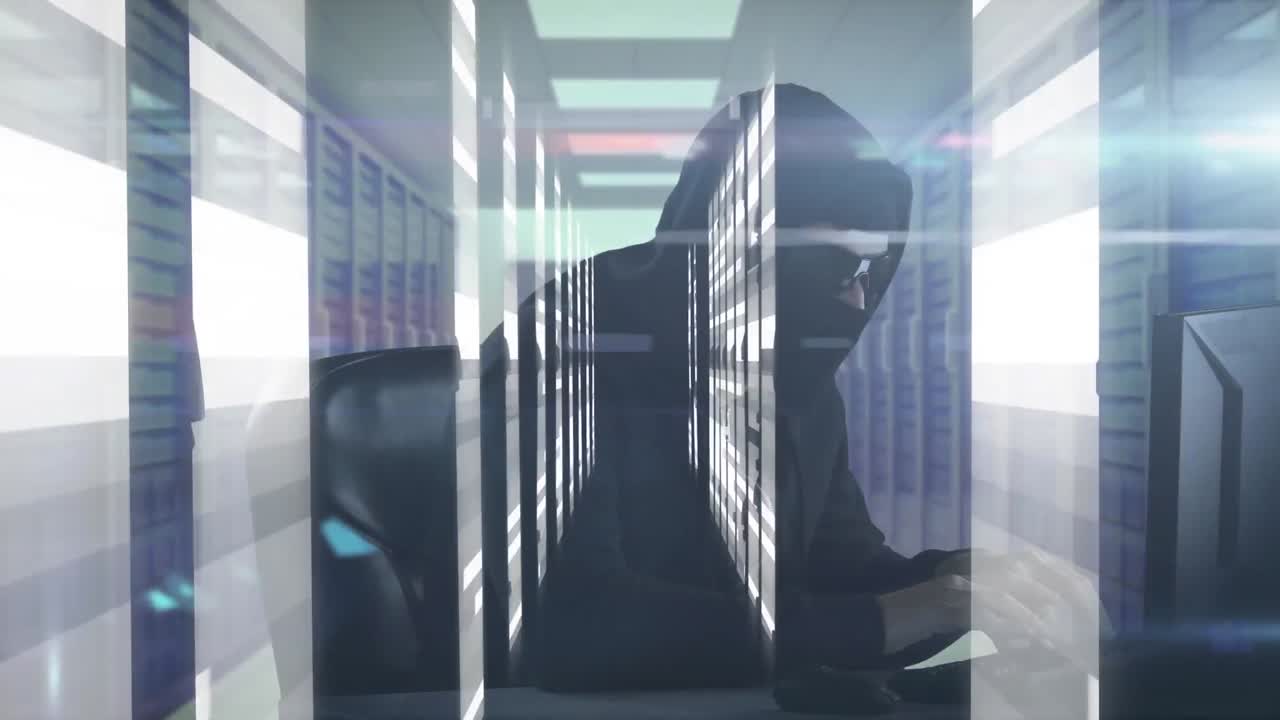 animación de un hombre con una máscara pirateando computadoras