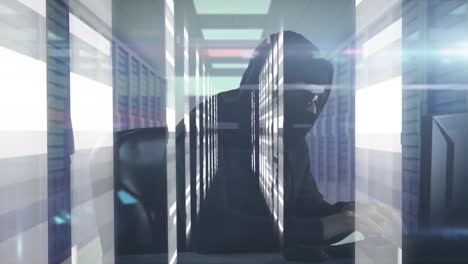 animation of man with a mask hacking computers