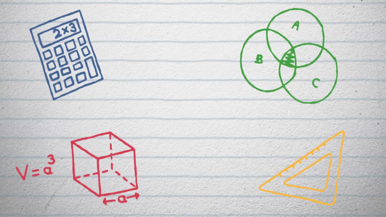 animación de múltiples iconos de conceptos escolares contra un fondo de papel con líneas blancas.