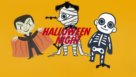 animación de la noche de halloween, murciélagos, momia, zombi y esqueleto sobre fondo amarillo