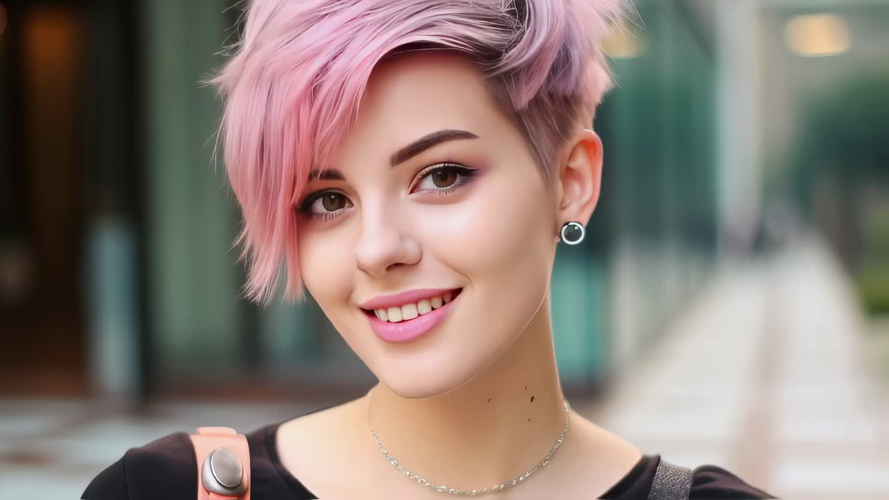 Vibrant young woman sporting pink undercut hair, beaming confidently while standing outdoors in urban setting, wearing silver necklace and black earrings