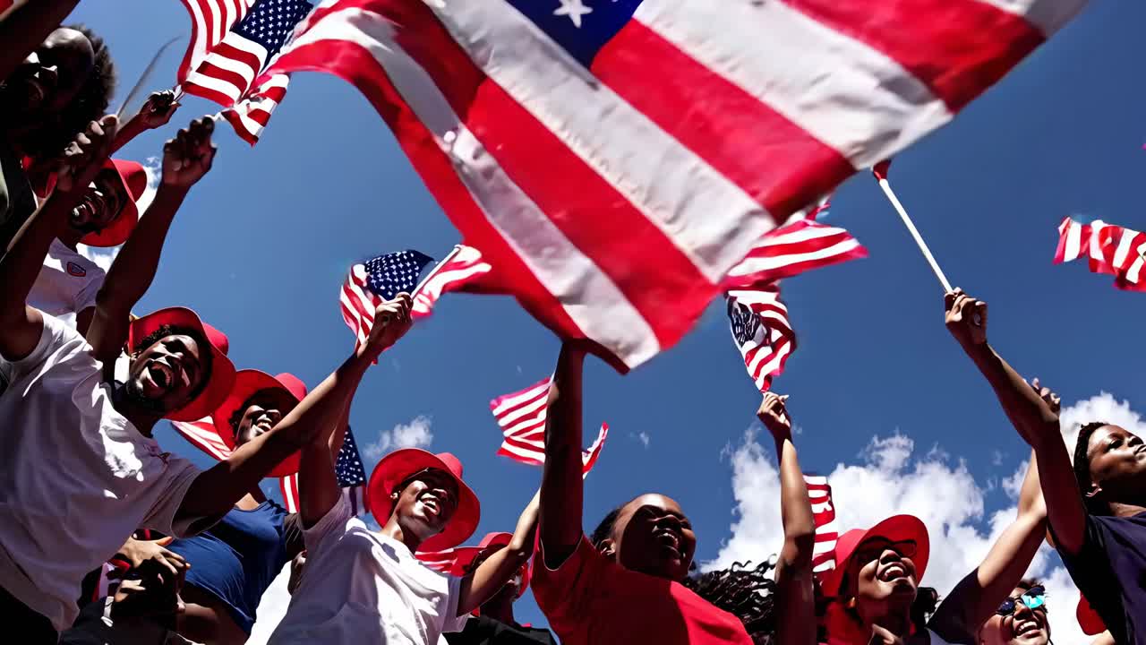 Low-angle shot of a diverse group waving American flags under a clear blue sky, capturing a festive