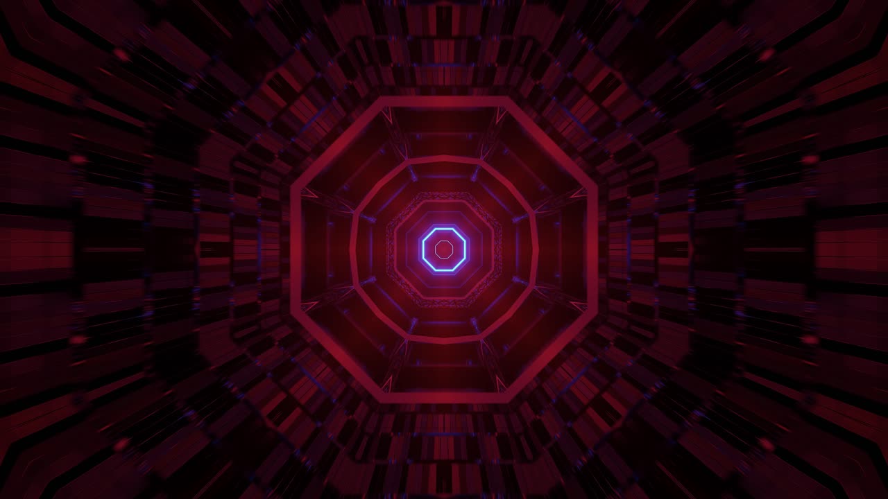Computerized immersive hollow space with cyan and orange patterns in octagon shape emitting from center