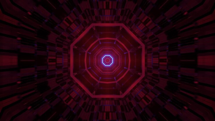 Computerized immersive hollow space with cyan and orange patterns in octagon shape emitting from center