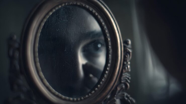 En introspektiv rejse fanget i to billeder: En Mystic refleksion, der viser en eftertænksom figur, som stirrer ind i et antikt spejl, og fremkalder dybe følelser og tanker
