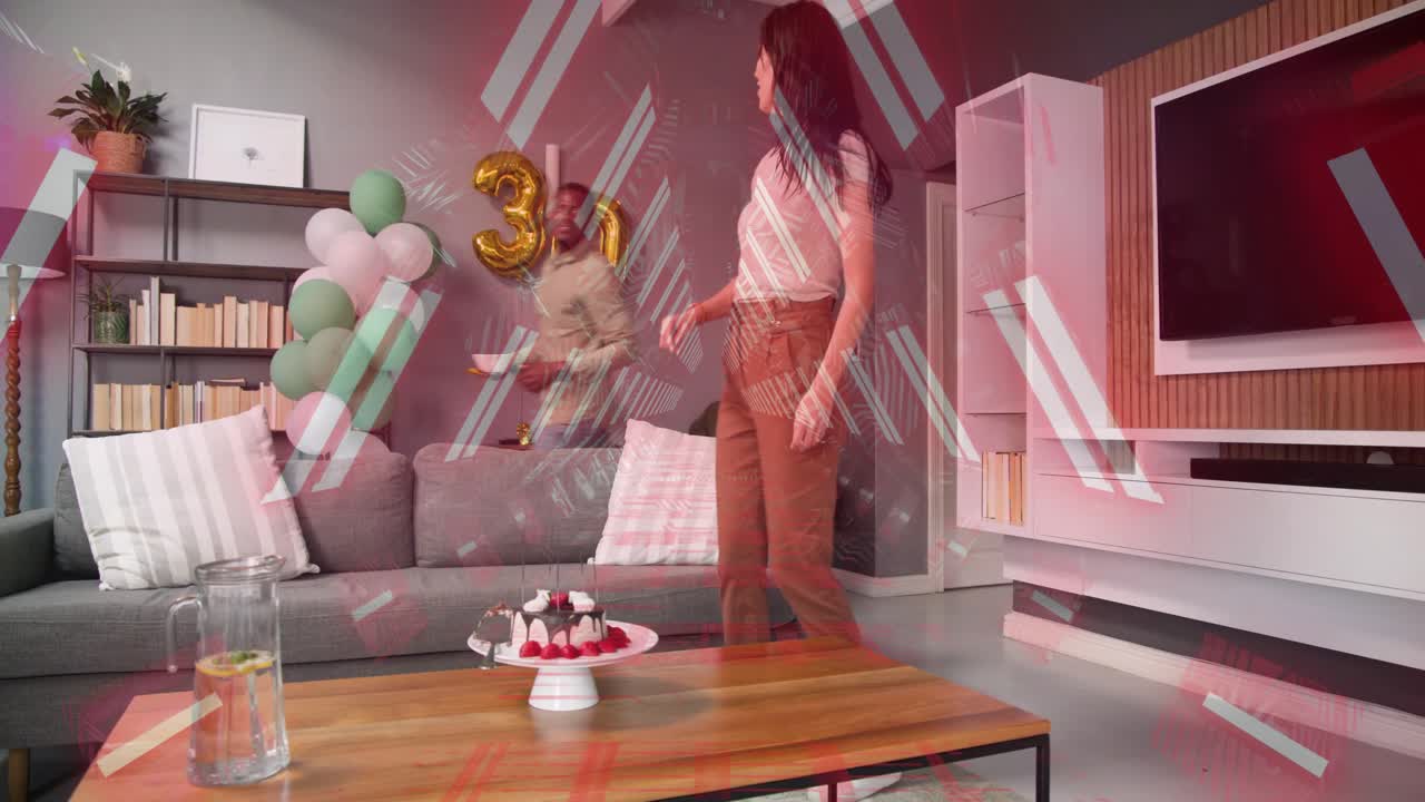 Woman entering left starting party, man reaching cake, couple adjusting gold 30 balloon marketing