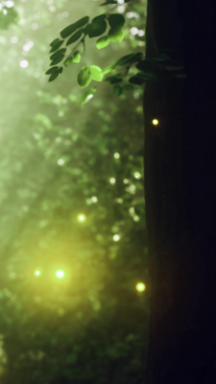La luce filtra tra gli alberi in una foresta con punti luminosi al tramonto.