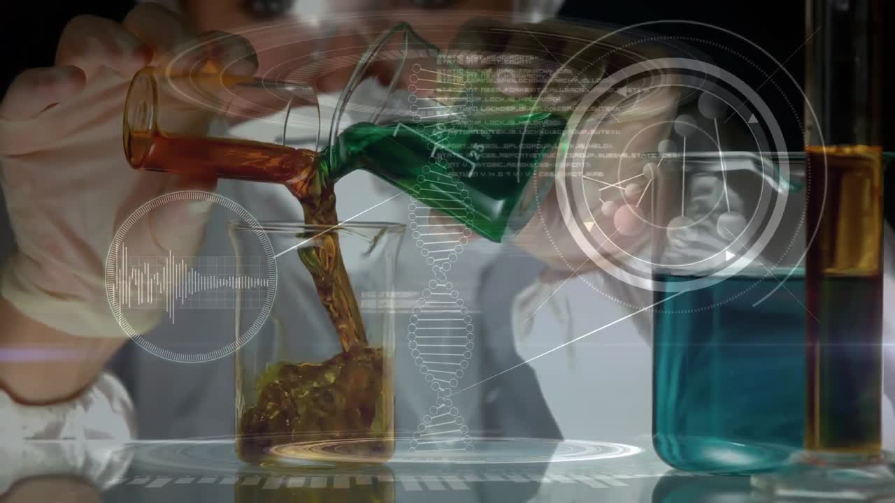 실험실 에서 화학 물질 을 혼합 하는 과학자