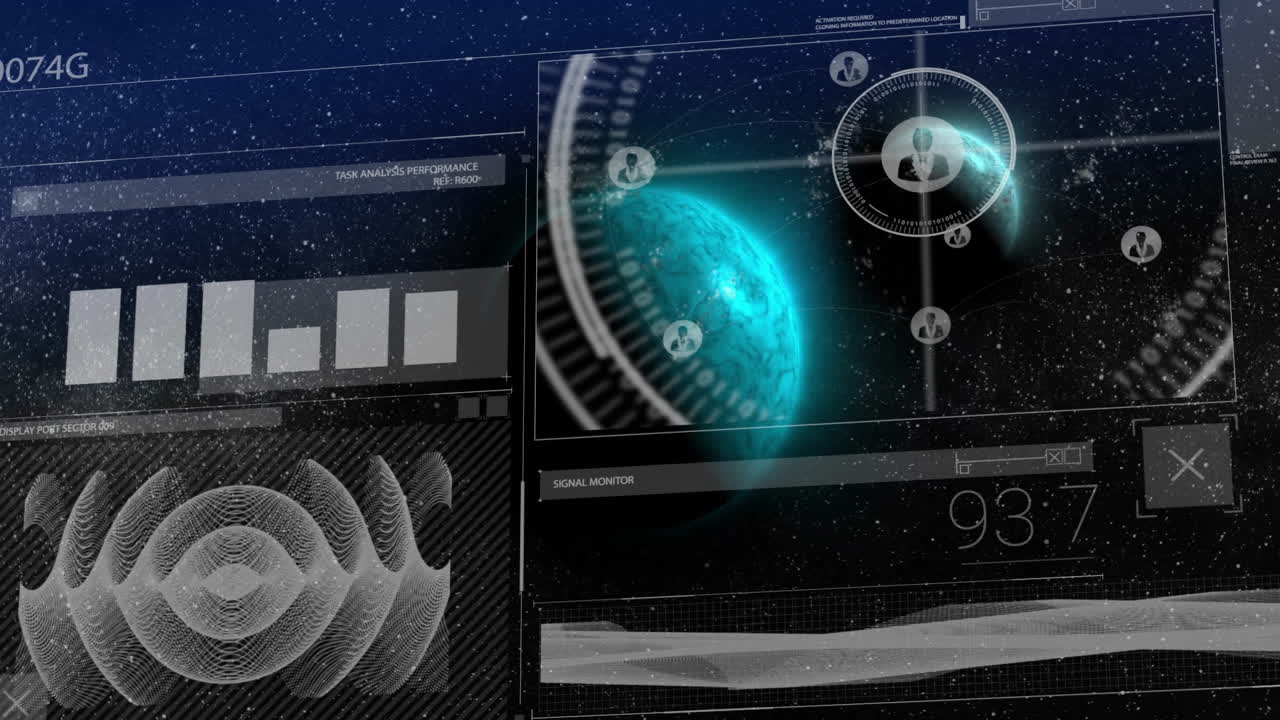 Teal holographic globe spinning within circular network diagram, displaying HUD panel, data charts