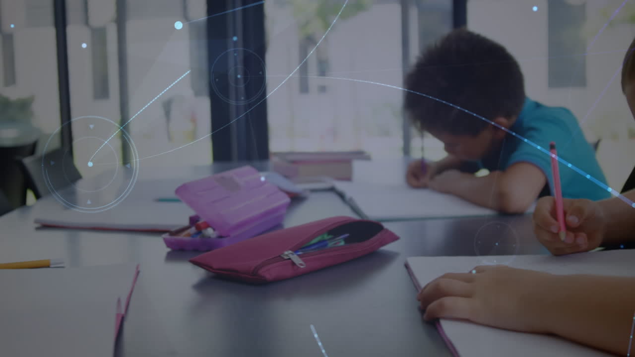 animación de la red de conexiones sobre un niño caucásico en el aula