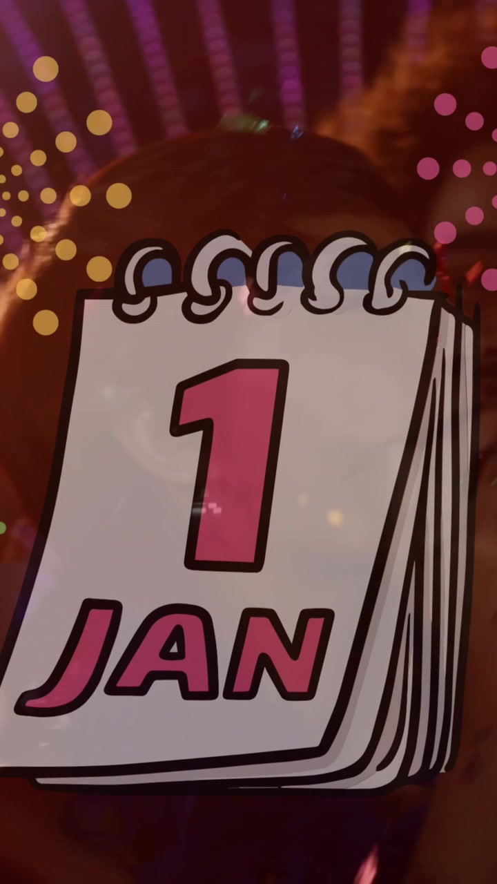 Animazione del '1 Gennaio' su un calendario con fuochi d'artificio di Capodanno sopra una folla di persone in festa.