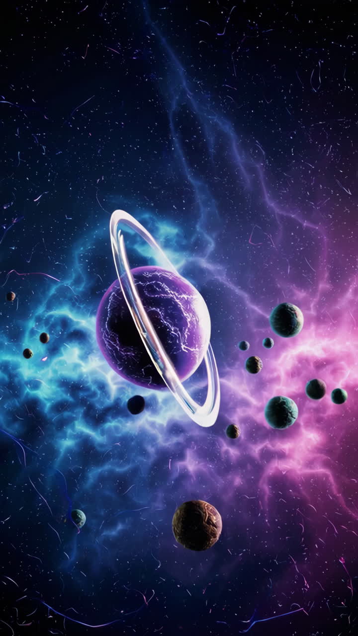 Vibrant Cosmic Planet with Elaborate Orbital Rings and Nebula