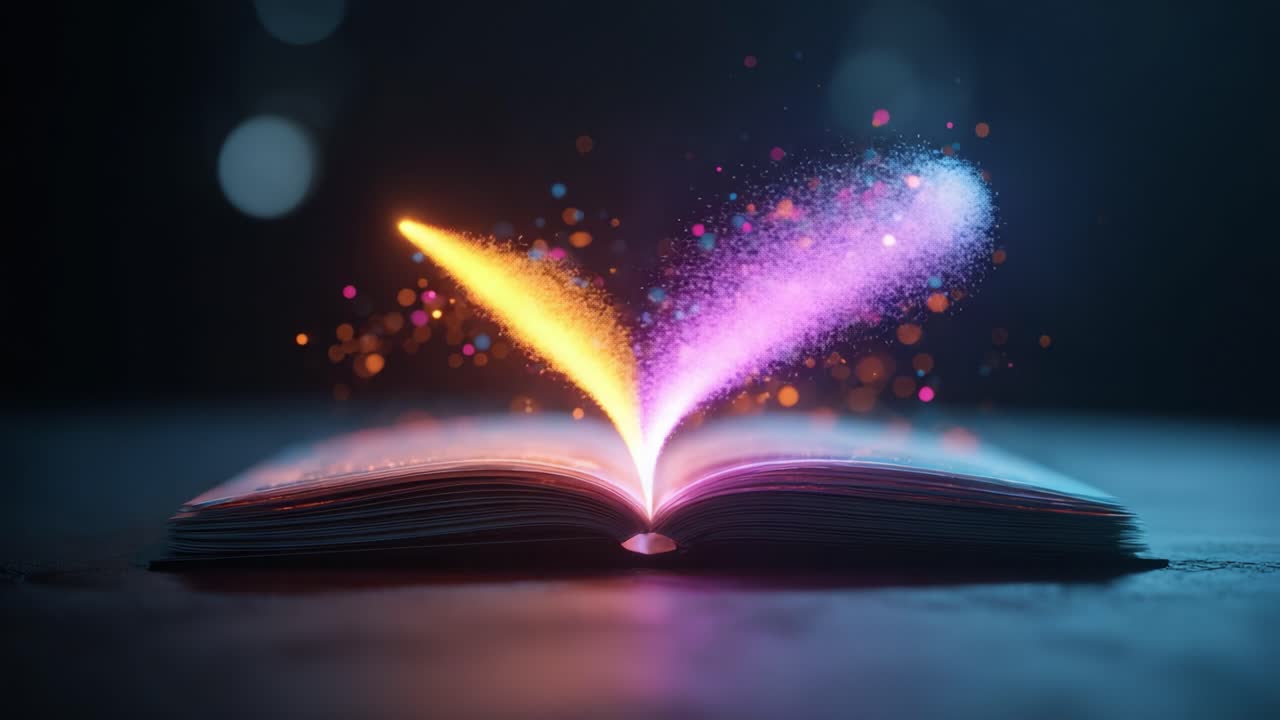 An Enchanted Book Unfolding Magic: Vibrant Sparks Emerge from the Pages, Creating a Whimsical Display of Colorful Lights and Images in a Dreamlike Setting