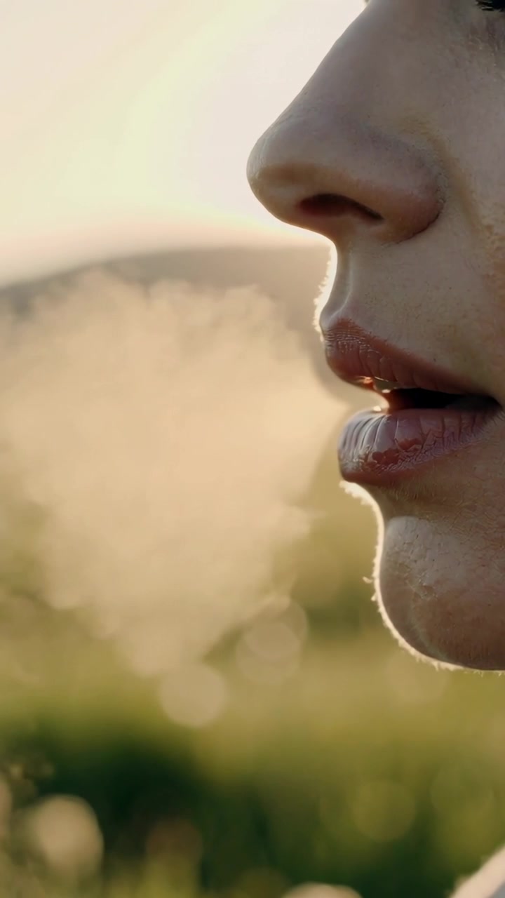 Video verticale: Donna che stringe le labbra lucide e poi espira producendo vapore nell'erba calda, spazio per il testo