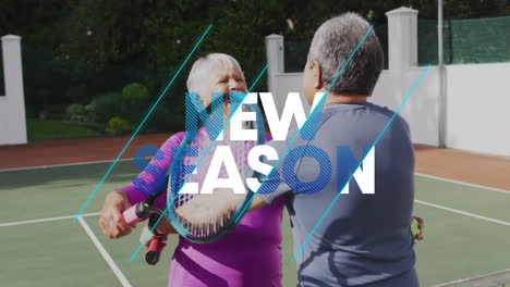 senior couple playing tennis outdoors, highlighting animated health graph, court lines, rackets