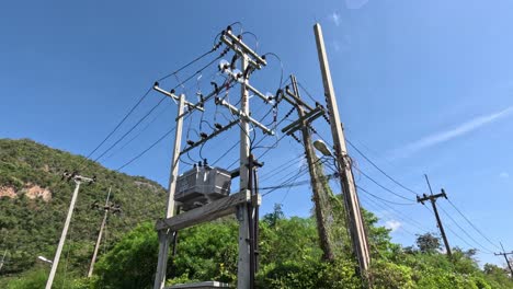 sequence of power lines against a clear sky.