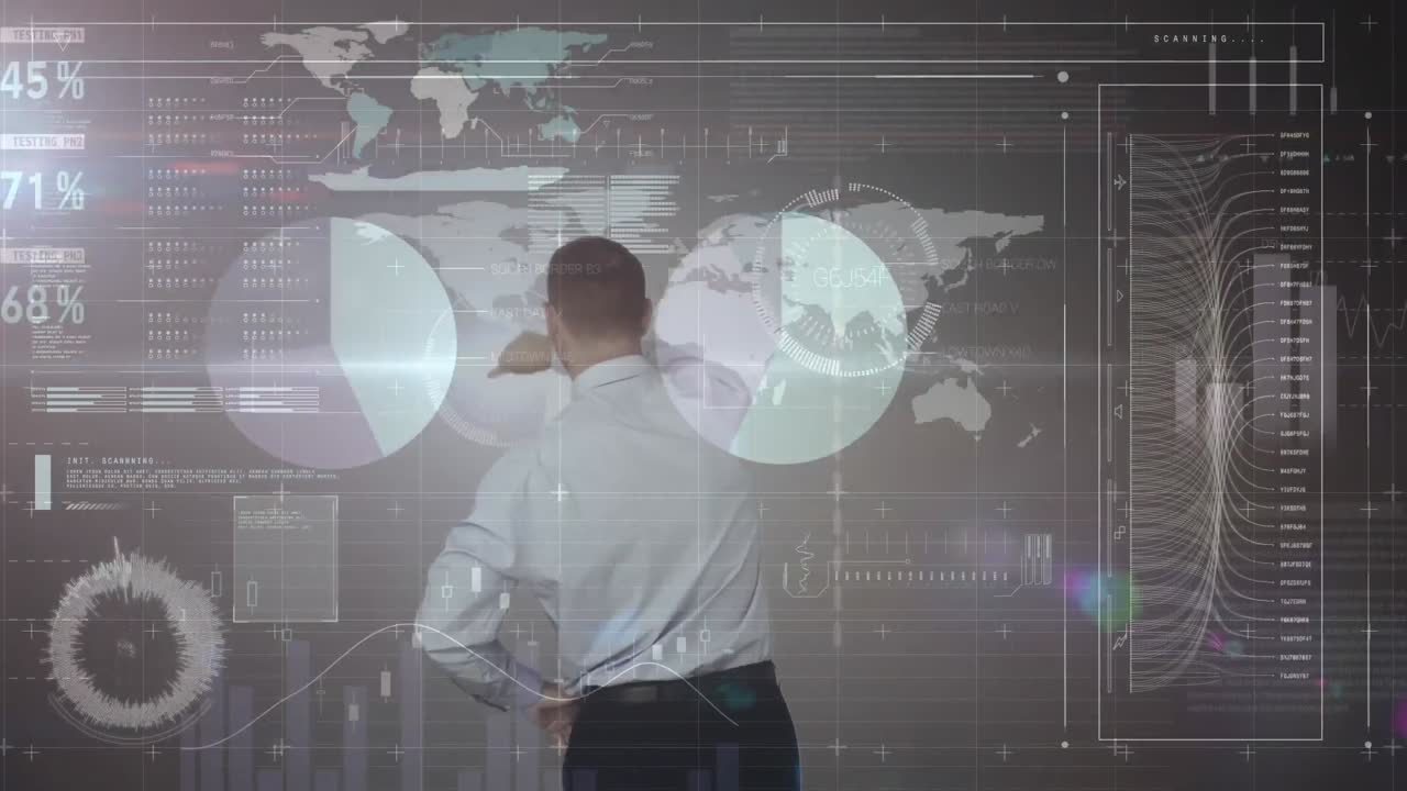 animación de un hombre de negocios usando una interfaz de pantalla táctil con el mapa del mundo y el procesamiento de datos
