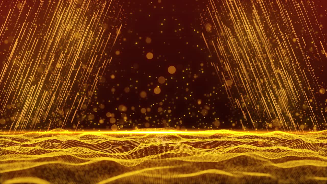 빛나는 금 입자가 날아다니고 반짝이는 입자가 반짝이는 4K 금색 배경