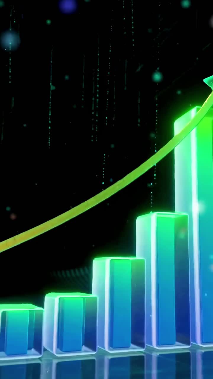 Dynamic video of a glowing bar graph with upward arrow, viewed from a low angle