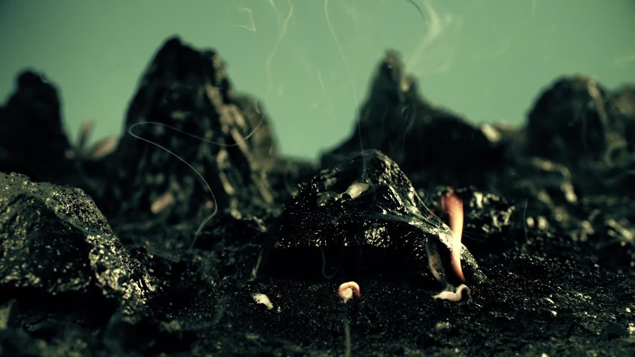 소용돌이 는 연기와 불타는 잔해를 가진 거친 화산 형태는 자연의 힘과 그 변형 힘을 상징합니다.