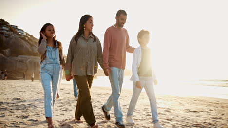 Sunset,-walking-and-family-holding-hands