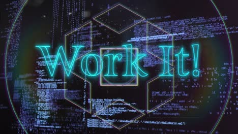 animation of work it text in blue neon and moving line shapes over processing data