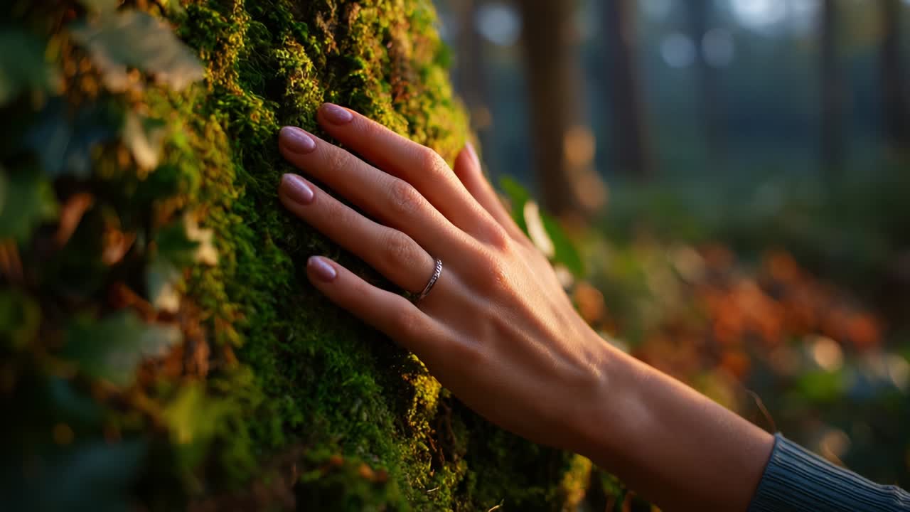 A Close-up of a Hand Gently Resting on a Lush Green Moss-covered Tree Trunk in a Serene Forest Setting, Capturing the Harmony Between Nature and Human Touch in Beautiful Morning Light