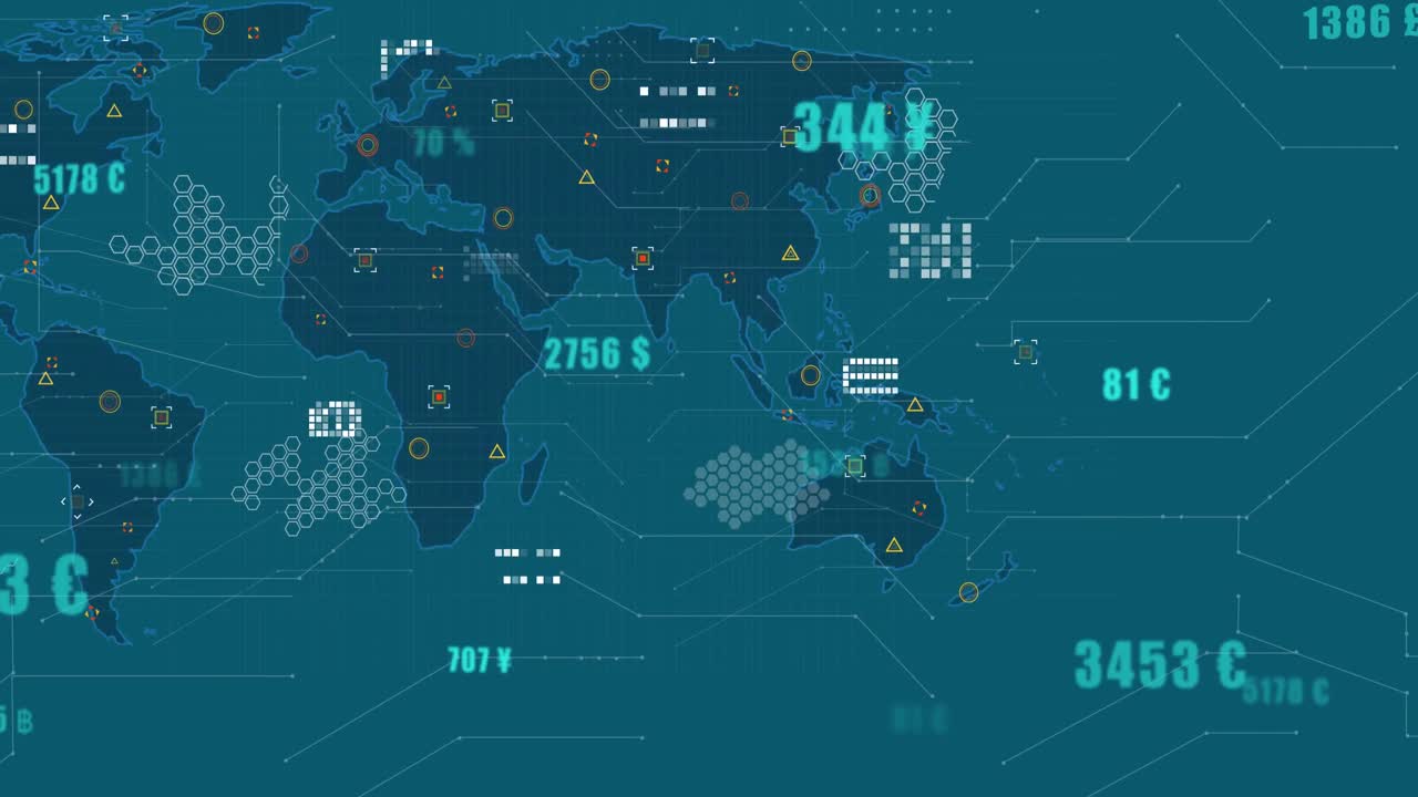 Animation of data processing and world map against blue background