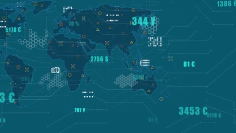 animación del procesamiento de datos y el mapa del mundo contra un fondo azul