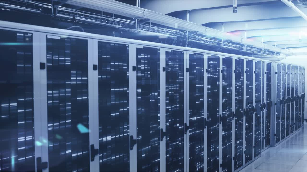 Upon startup floating metric icons updating on server rack visualizing analytics in data center