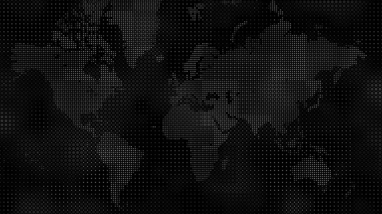 Minimalist halftone dots world map in black and white, highlighting digital stylized global connections on planet Earth