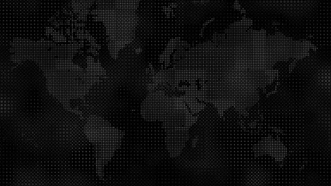 minimalist halftone dots world map in black and white, highlighting digital stylized global connections on planet earth