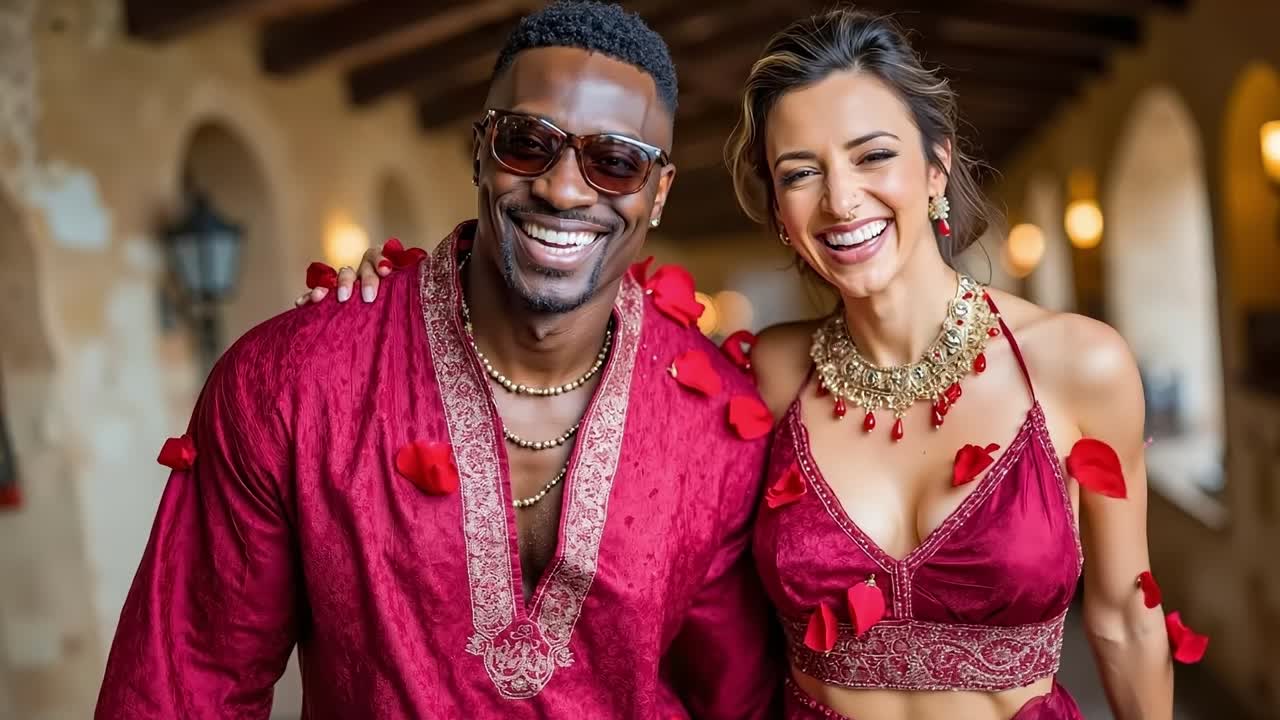 Un uomo e una donna con un abito rosso sono circondati da petali di rosa