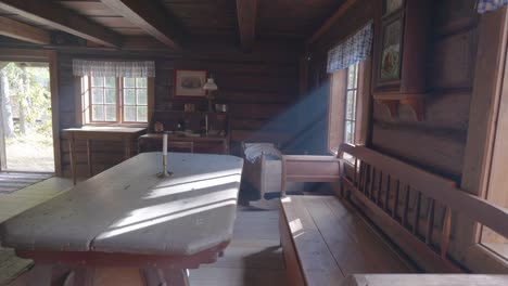 Tilt-shot-inside-an-wooden-cottage,-showcasing-an-old-restaurant-with-vintage-wooden-tables-and-chairs,-perfect-for-showcasing-rural-living,-country-lifestyle,-and-vintage-interior-design-in-Norway