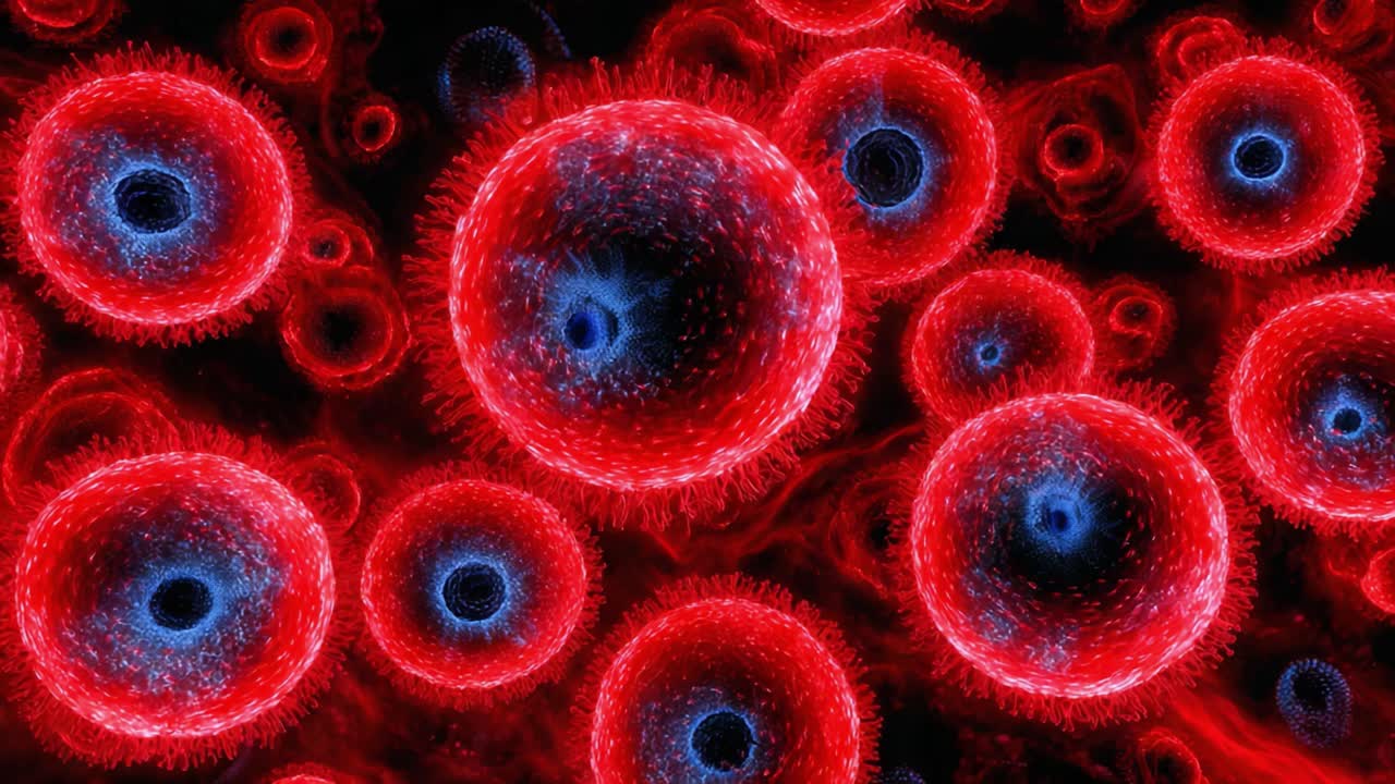 A Stunning Visualization of Vibrant Microbial Life: This Frame Captures the Intricate Details of Microbial Structures in Vivid Red and Blue Colors, Evoking a Sense of Cellular Dynamics