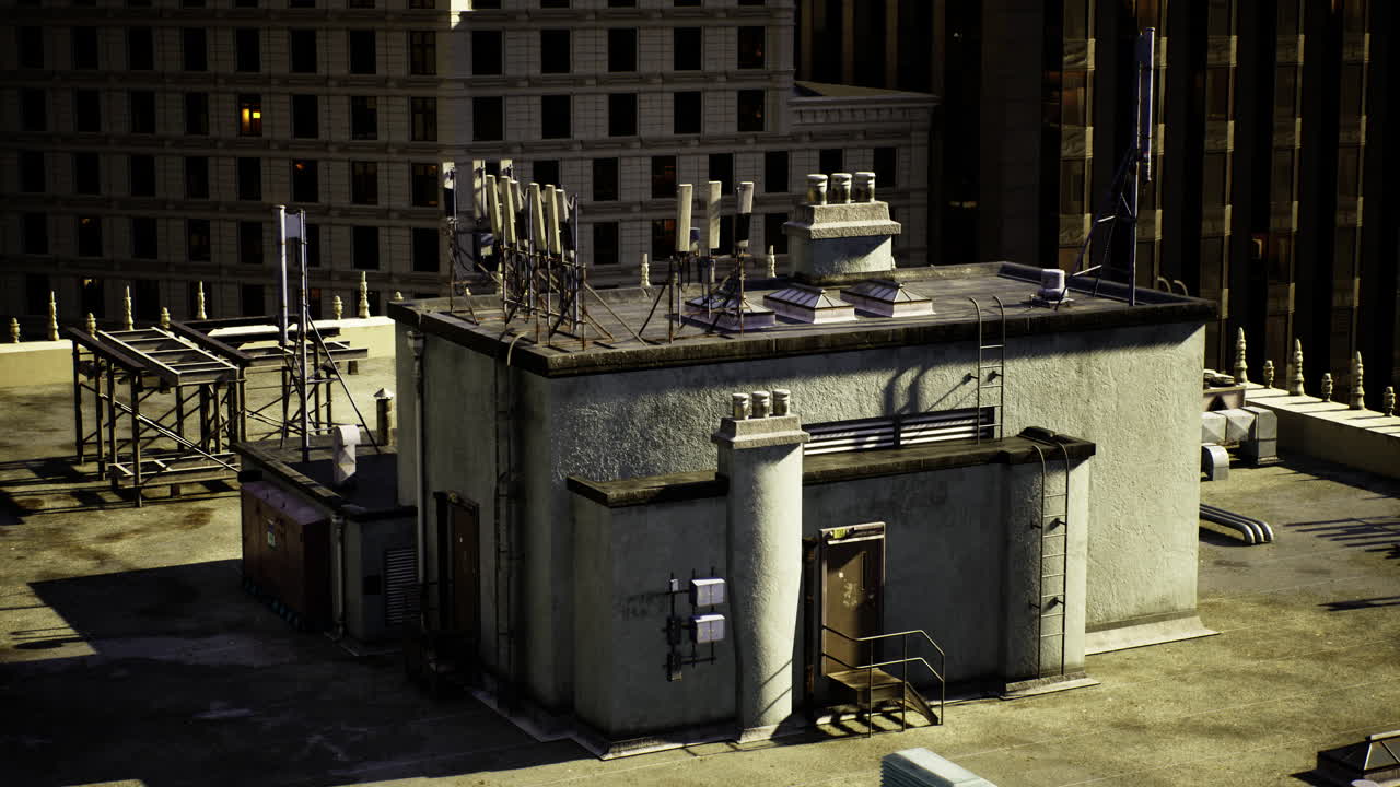 Rooftop equipment and antennas on a city building during twilight hours