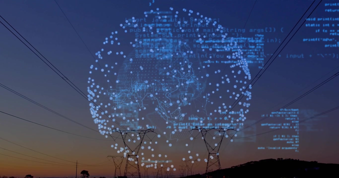 Code glitching initiating globe rotating nodes shifting and code streaming revealing dusk landscape