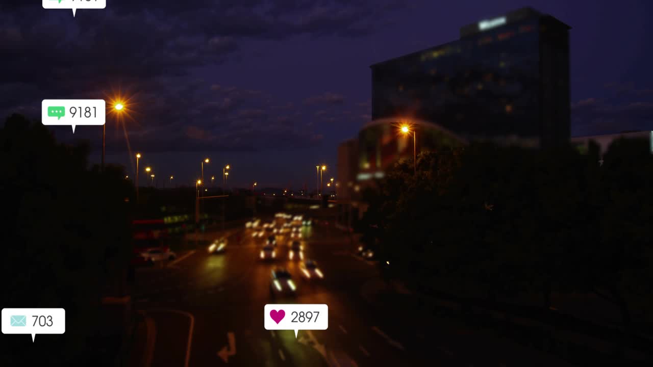 Dusk road showing car light trails while incoming alerts spawning icons, signaling engagement