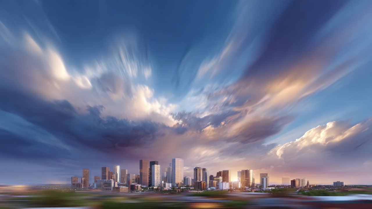A breathtaking skyline transformation from day to night, showcasing a vibrant city basking in the warm glow of sunset, blending urban beauty with nature's artistry